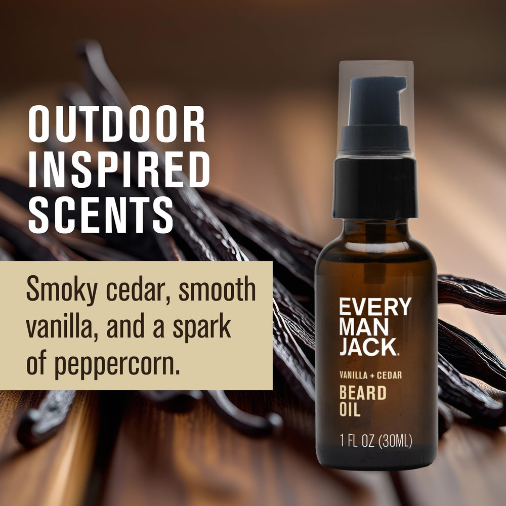 Every Man Jack beard oil vanilla cedar bottle on wood texture showing aroma.