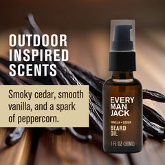 Every Man Jack beard oil vanilla cedar bottle on wood texture showing aroma.