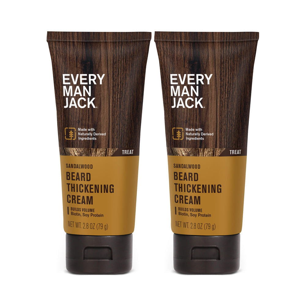 Every Man Jack Beard Thickening Cream bottle with pour demonstrates quick absorption and clean texture