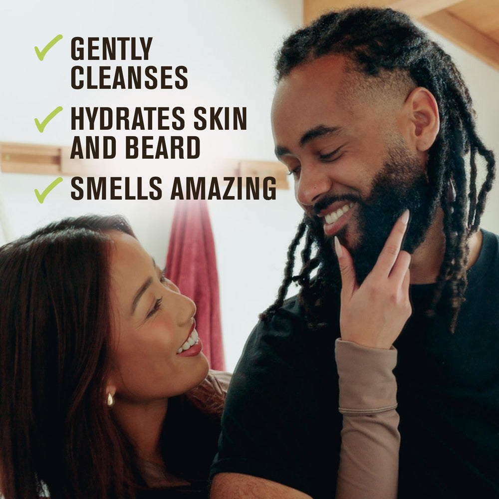 Every Man Jack beard wash bottle-holding shot for easy daily use.