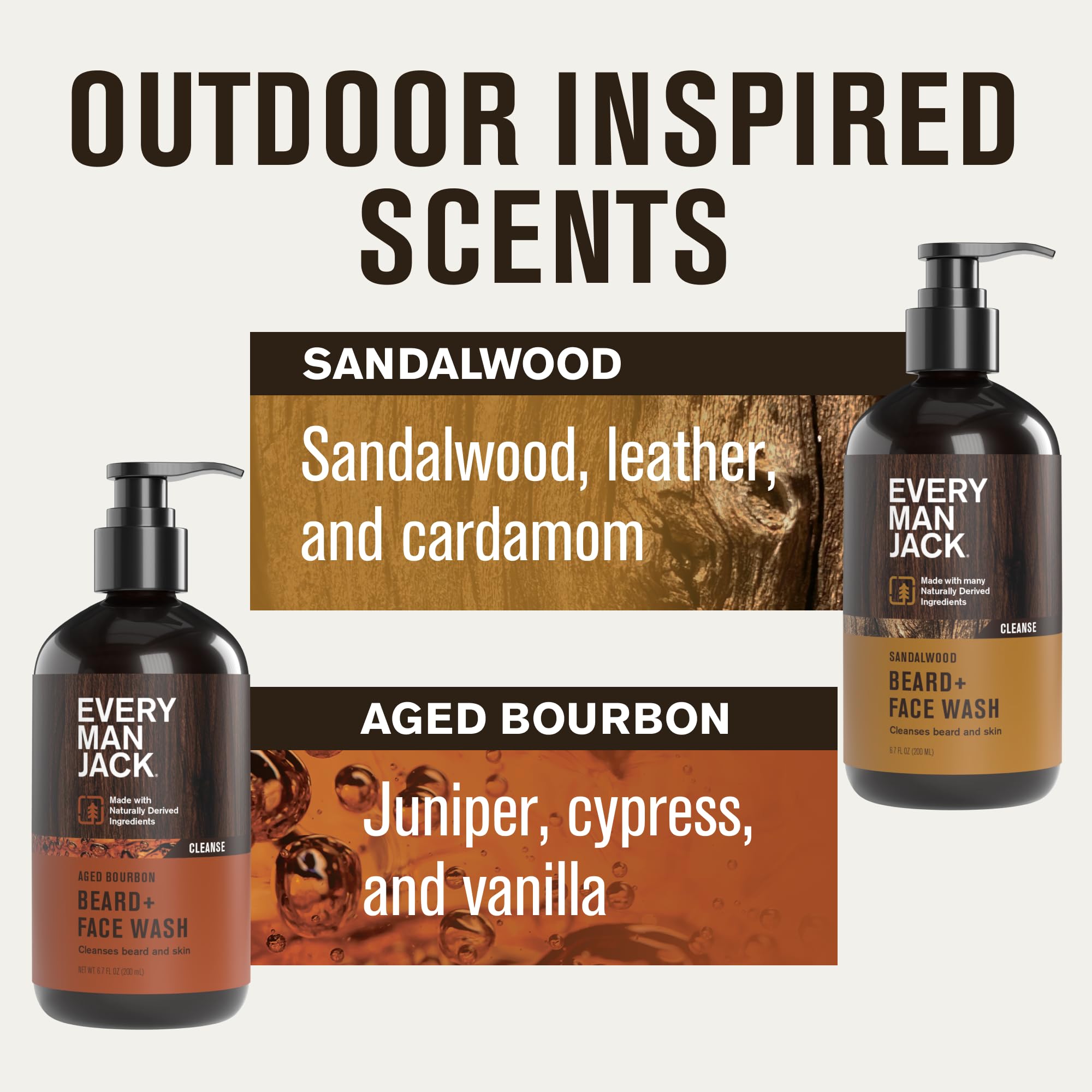Every Man Jack beard wash bottle with sandalwood aged bourbon cleanses and softens beard.