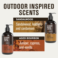 Every Man Jack beard wash bottle with sandalwood aged bourbon cleanses and softens beard.