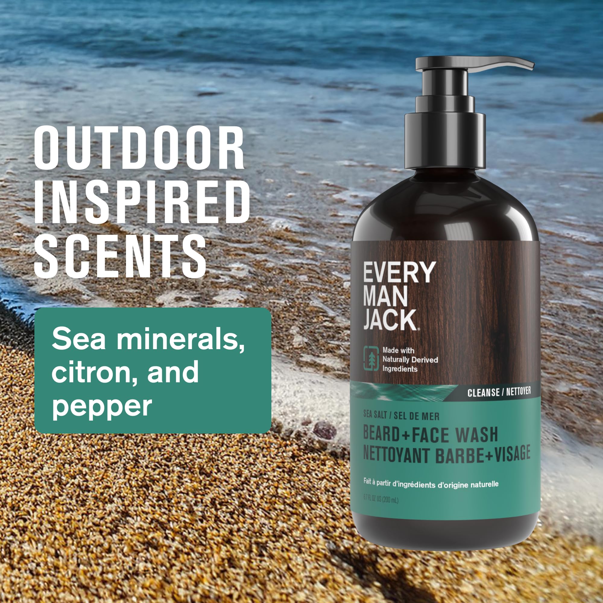 Every Man Jack beard wash label-front highlighting sea salt scent.