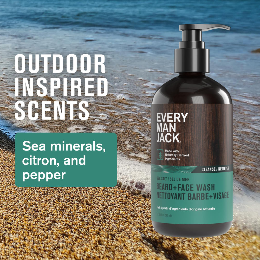 Every Man Jack beard wash label-front highlighting sea salt scent.