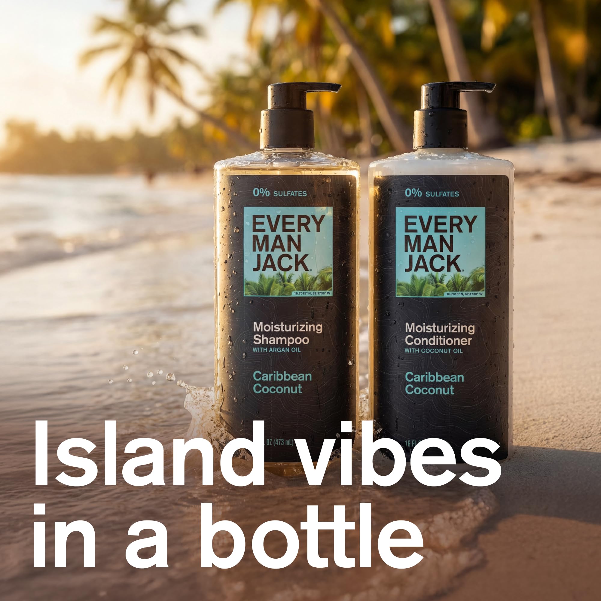 Every Man Jack Caribbean Coconut conditioner bottle pour for deep hydration and detangling.