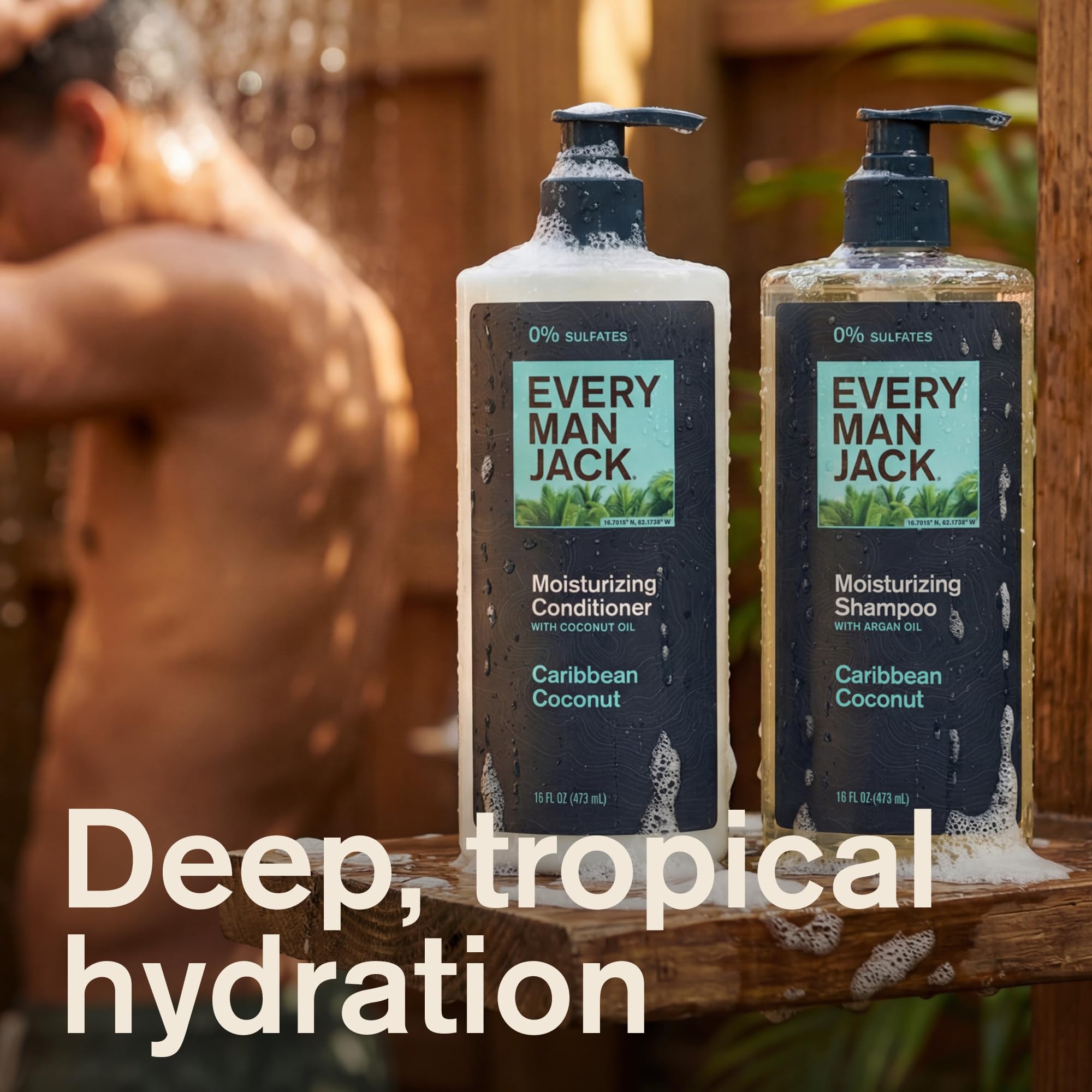 Every Man Jack Caribbean Coconut shampoo label closeup highlights natural ingredients.