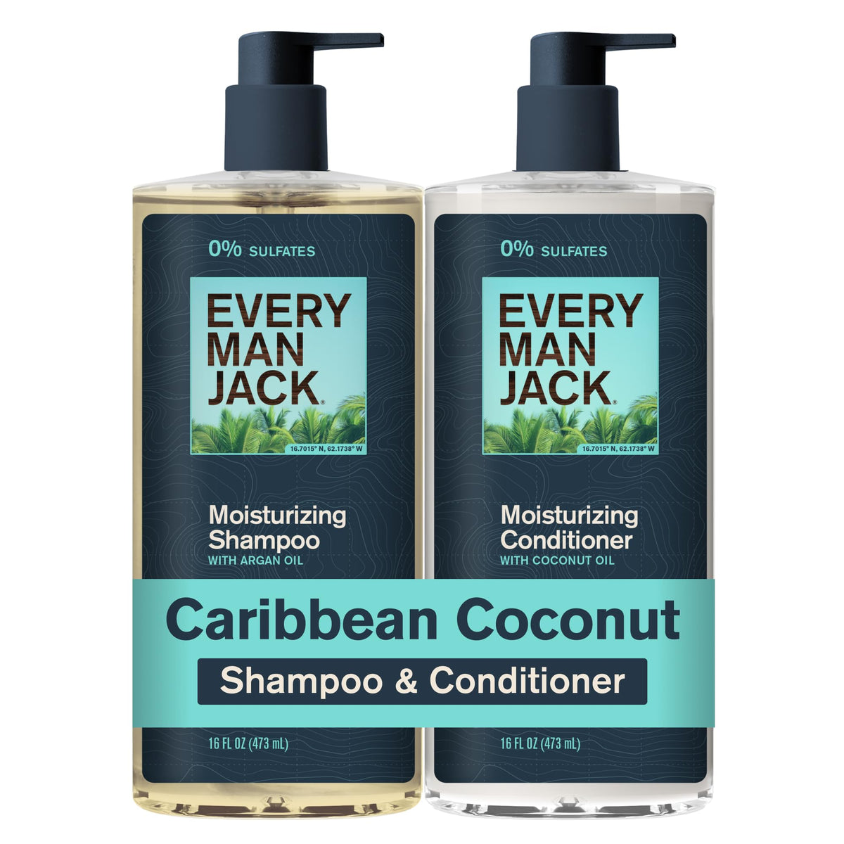 Every Man Jack Caribbean Coconut shampoo bottle pour with tropical scent for fresh hair.