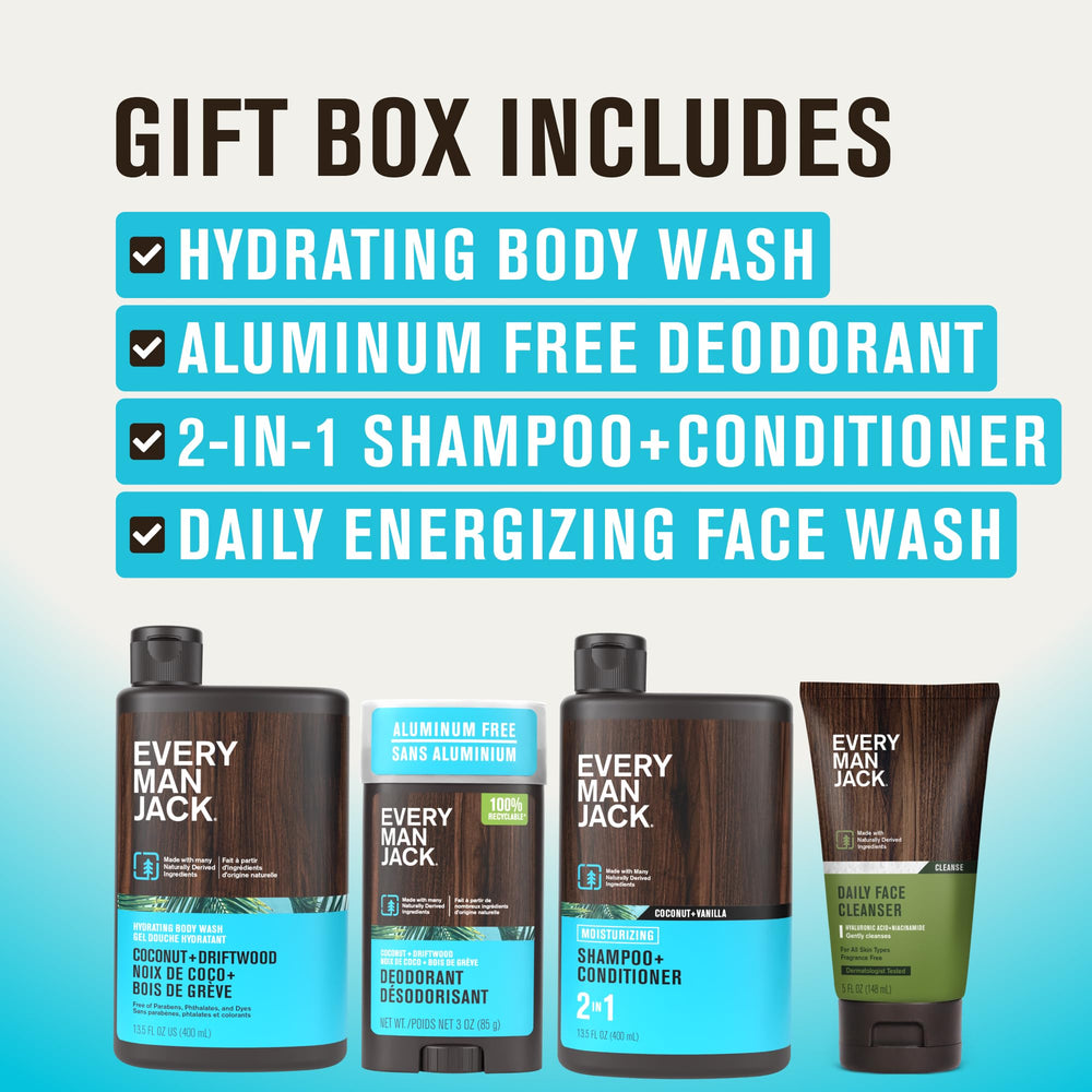 Every Man Jack coconut driftwood 2-in-1 shampoo conditioner for head-to-toe cleansing.