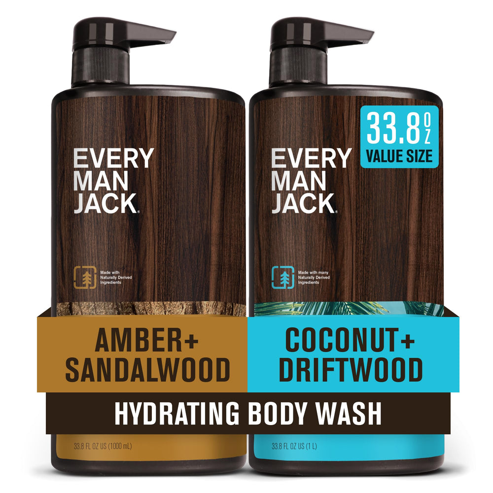 Every Man Jack Coconut Driftwood Amber Sandalwood body wash bottle with hydrating, outdoorsy scent.