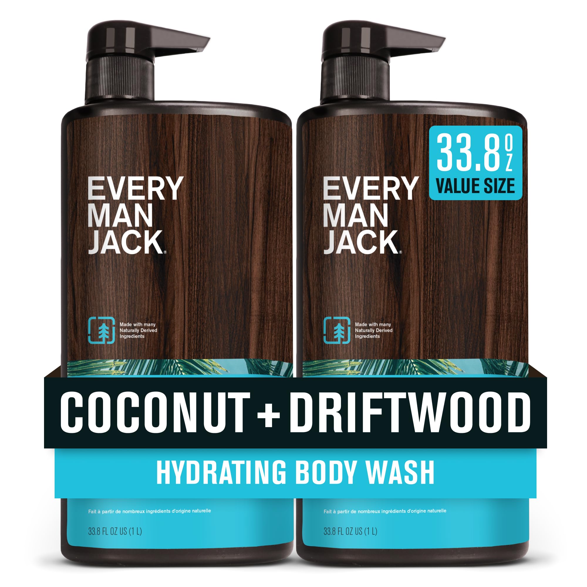 Every Man Jack Coconut + Driftwood body wash bottle promoting tropical cleanse benefits.
