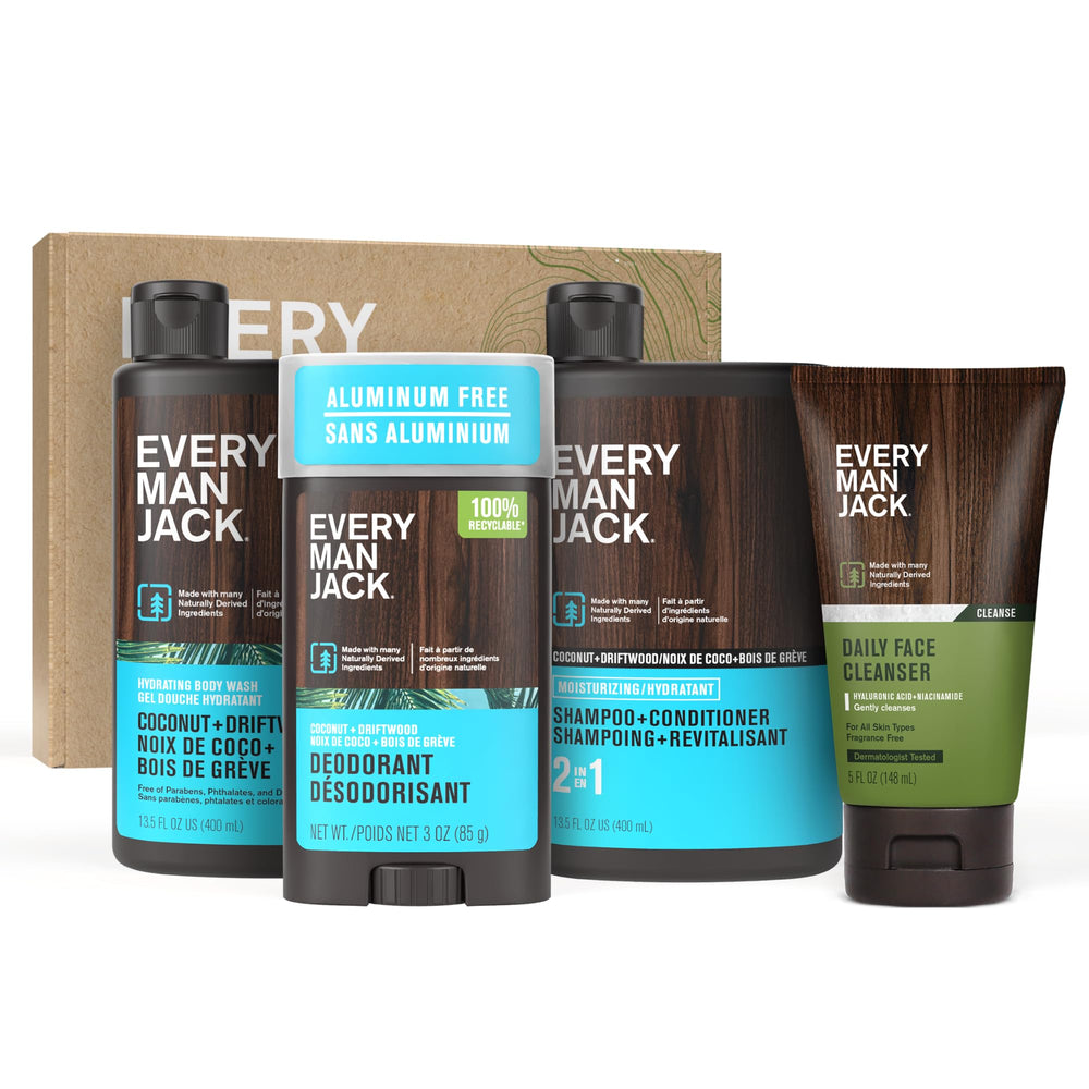 Every Man Jack coconut driftwood body wash bottle with tropical, refreshing scent.