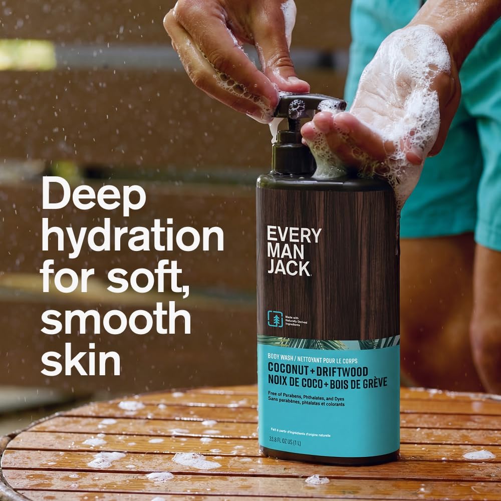 Every Man Jack Coconut + Driftwood splash highlights a vanilla-tinged, long-lasting scent.