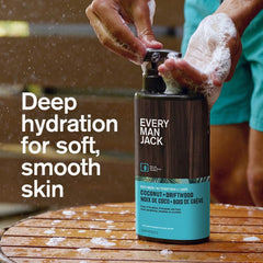 Every Man Jack Coconut + Driftwood splash highlights a vanilla-tinged, long-lasting scent.