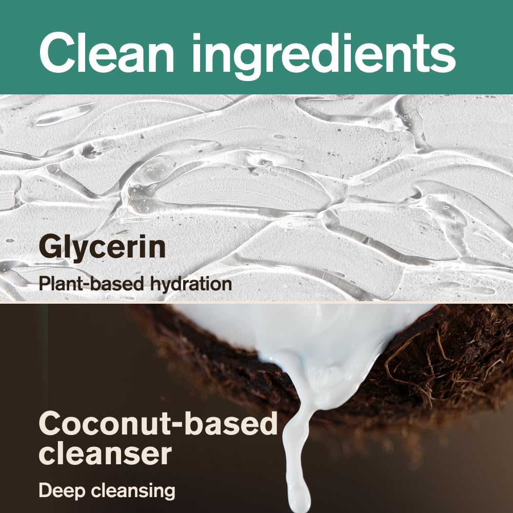 Coconut oil ingredient badge on label suggests gentle moisturizing cleanse