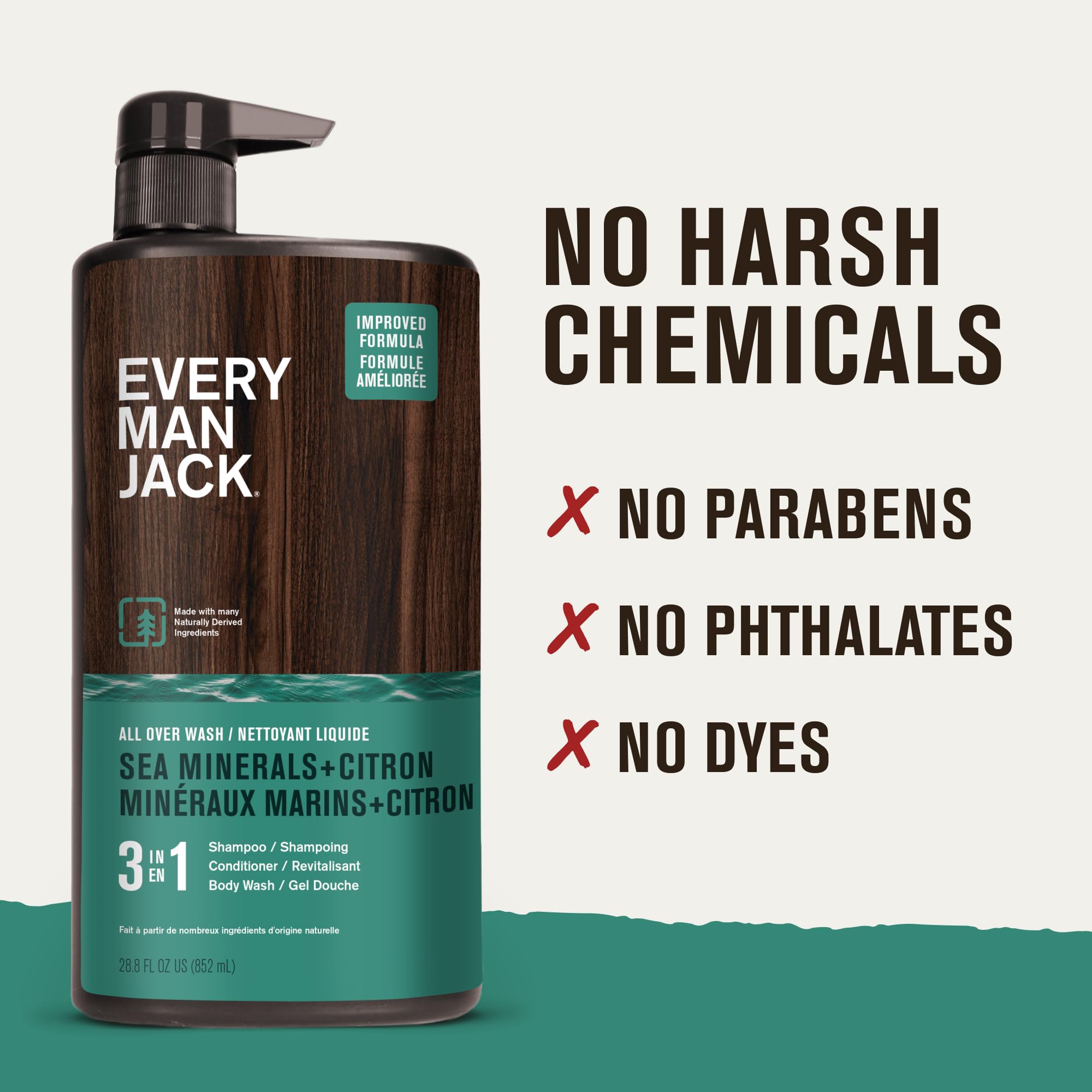 Every Man Jack shows coconut-derived surfactants for gentle cleansing.