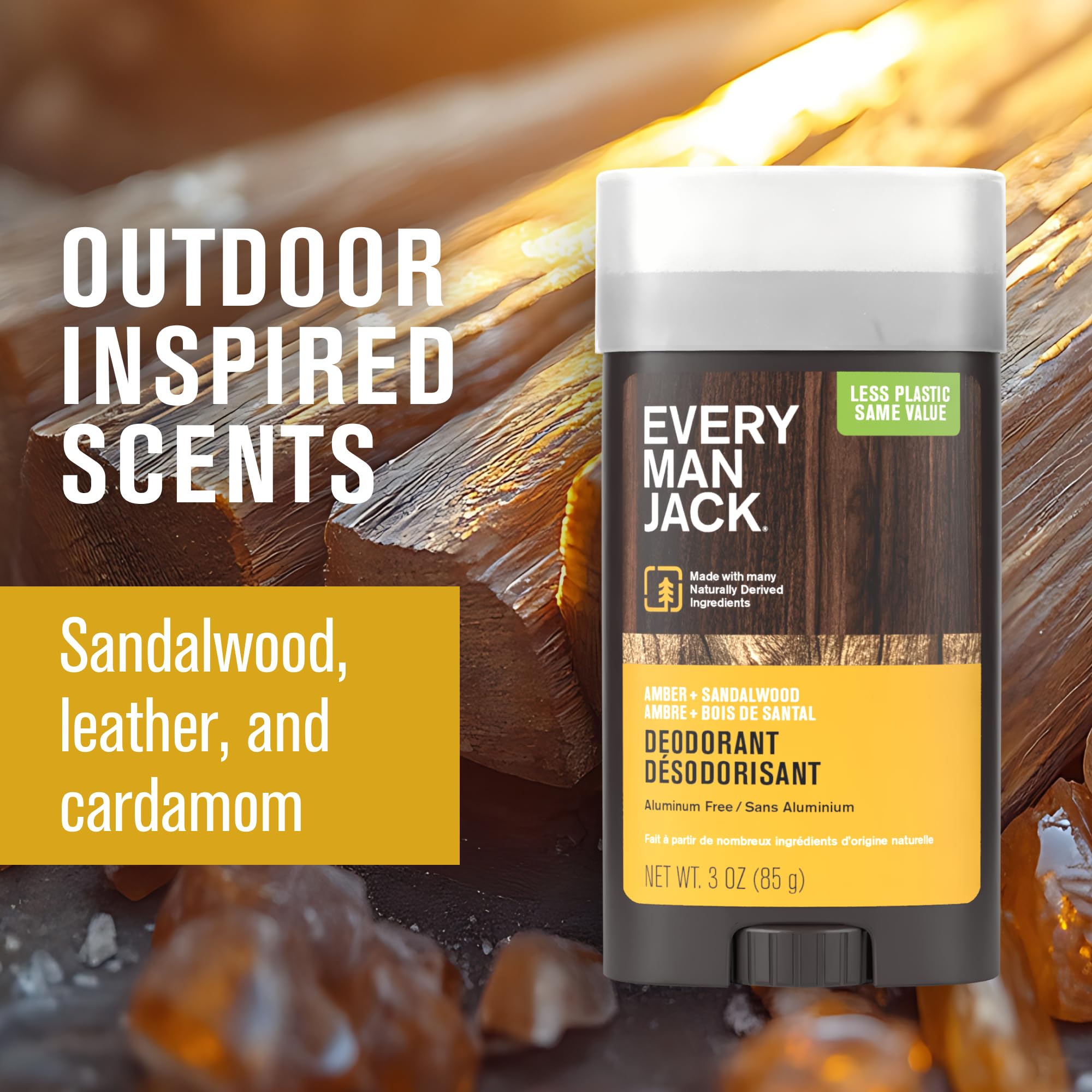 Sandalwood and amber scent profile with earthy vetiver notes.