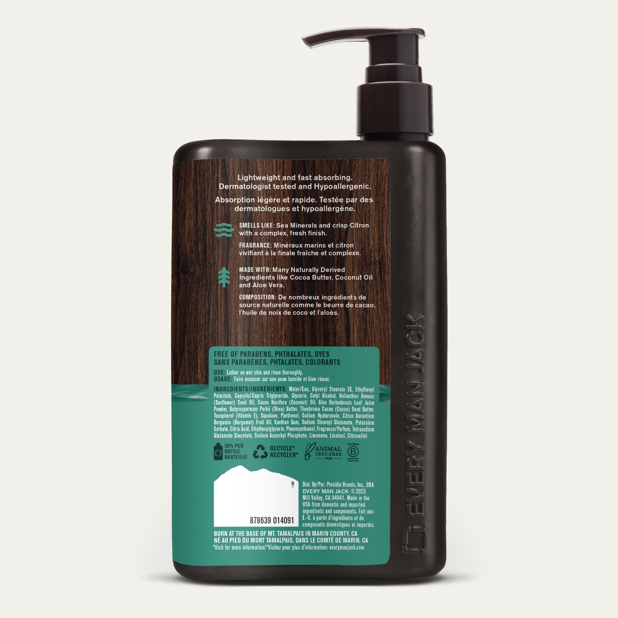 Dermatologist-tested badge on Every Man Jack lotion packaging.