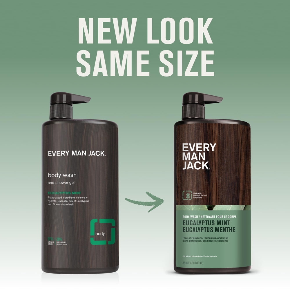Every Man Jack Eucalyptus Mint bottle pour ready for quick, invigorating wash.