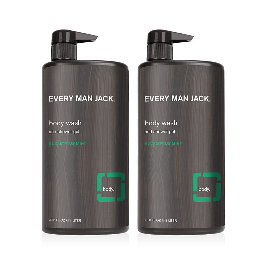Every Man Jack Eucalyptus Mint bottle close-up showing 33.8 oz size for long-lasting use.