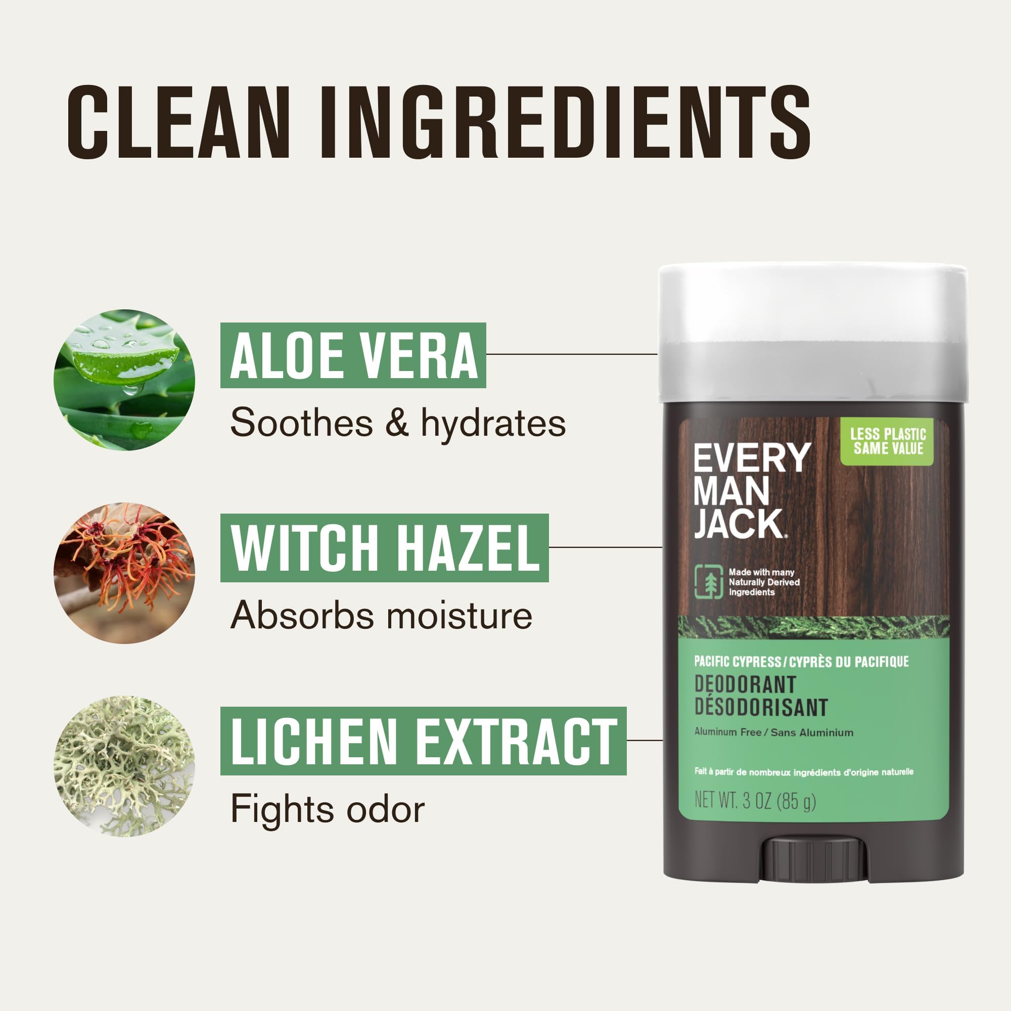 Extracto de liquen en Every Man Jack para neutralizar olores naturalmente.