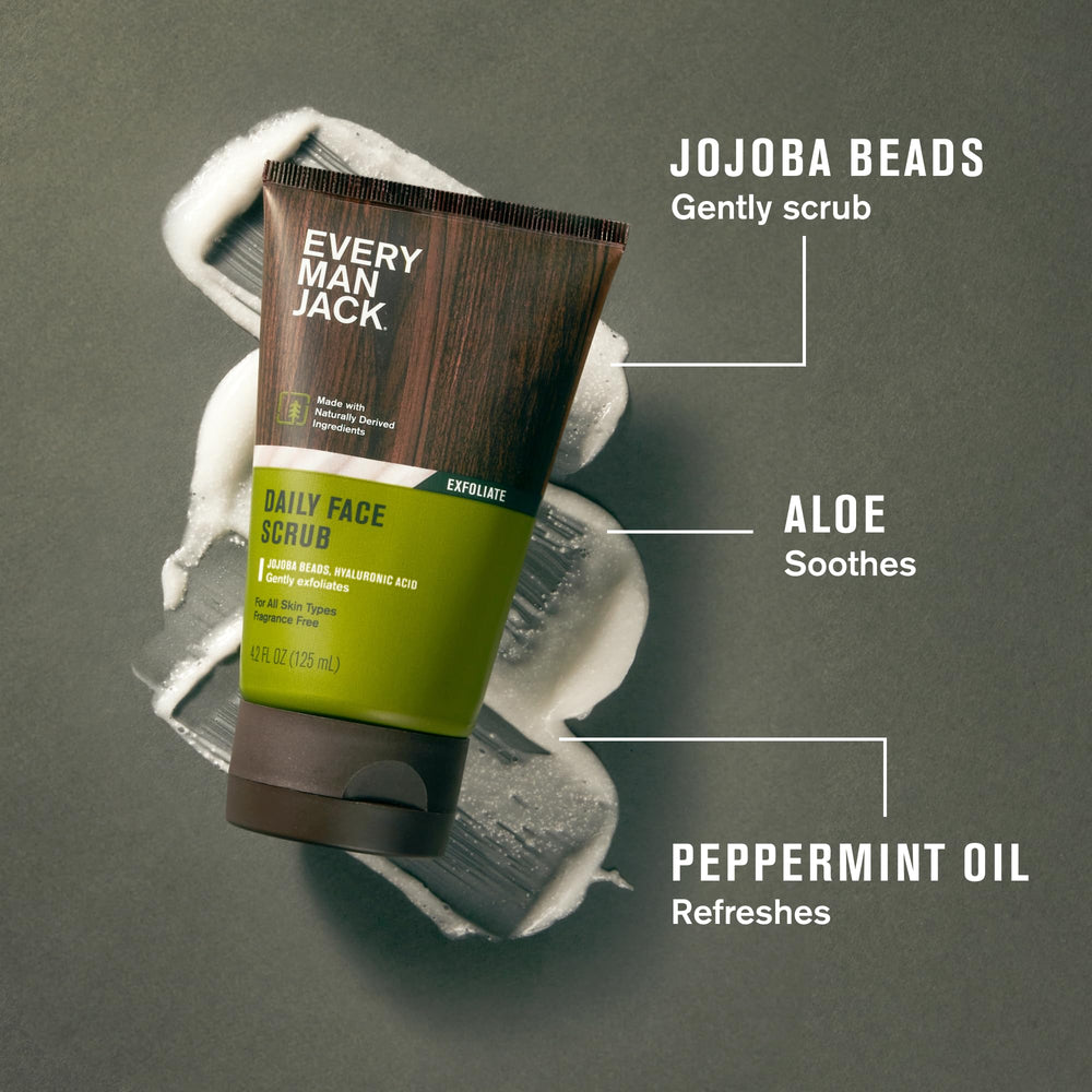 Every Man Jack perlas de jojoba exfoliantes para piel suave y renovada.