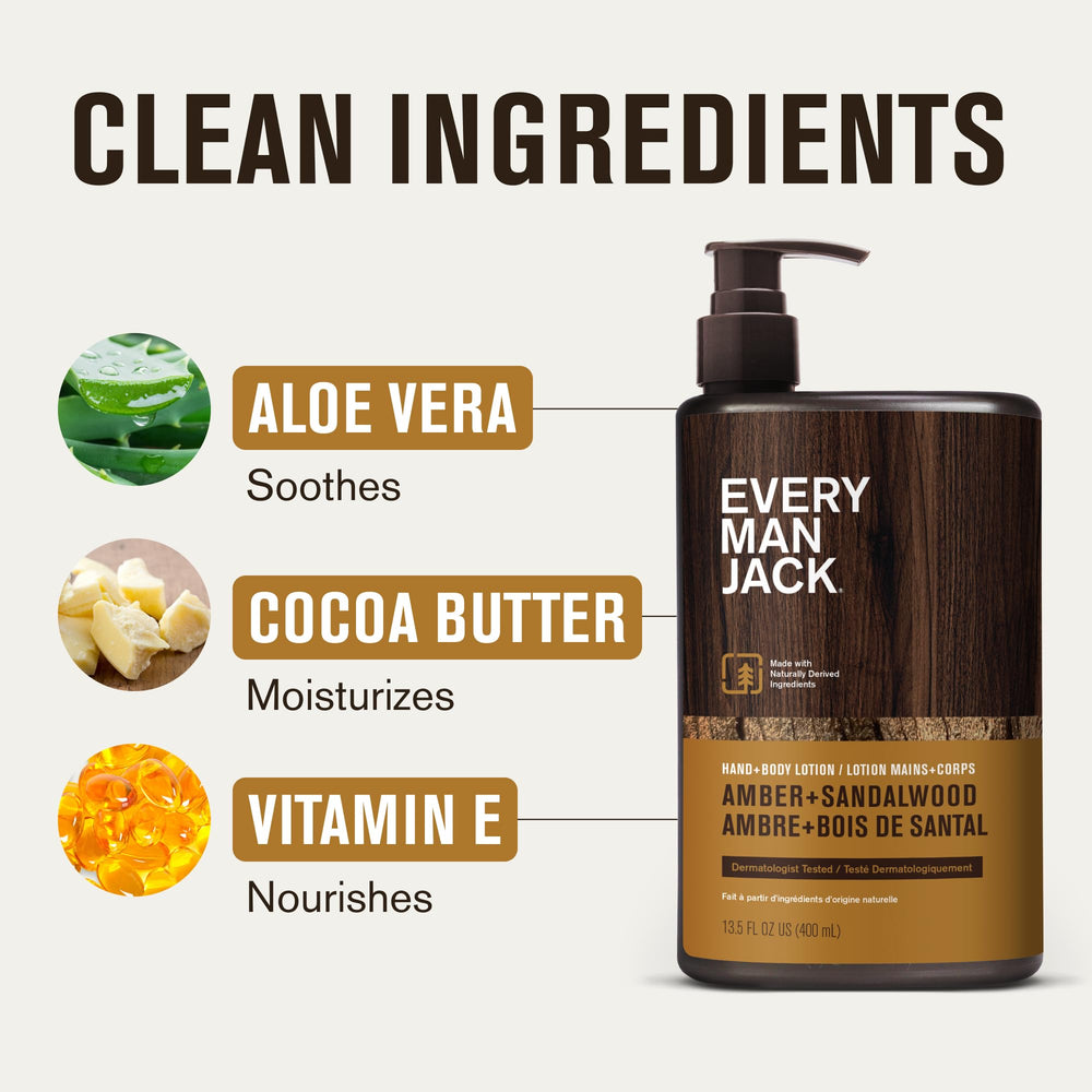 Loción dermatológicamente probada y hipoalergénica de Every Man Jack Amber + Sandalwood.