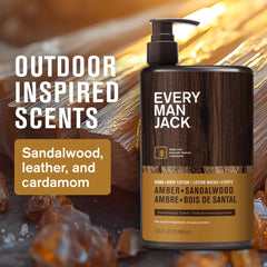 Loción Amber + Sandalwood de Every Man Jack, adecuada para manos y cuerpo.