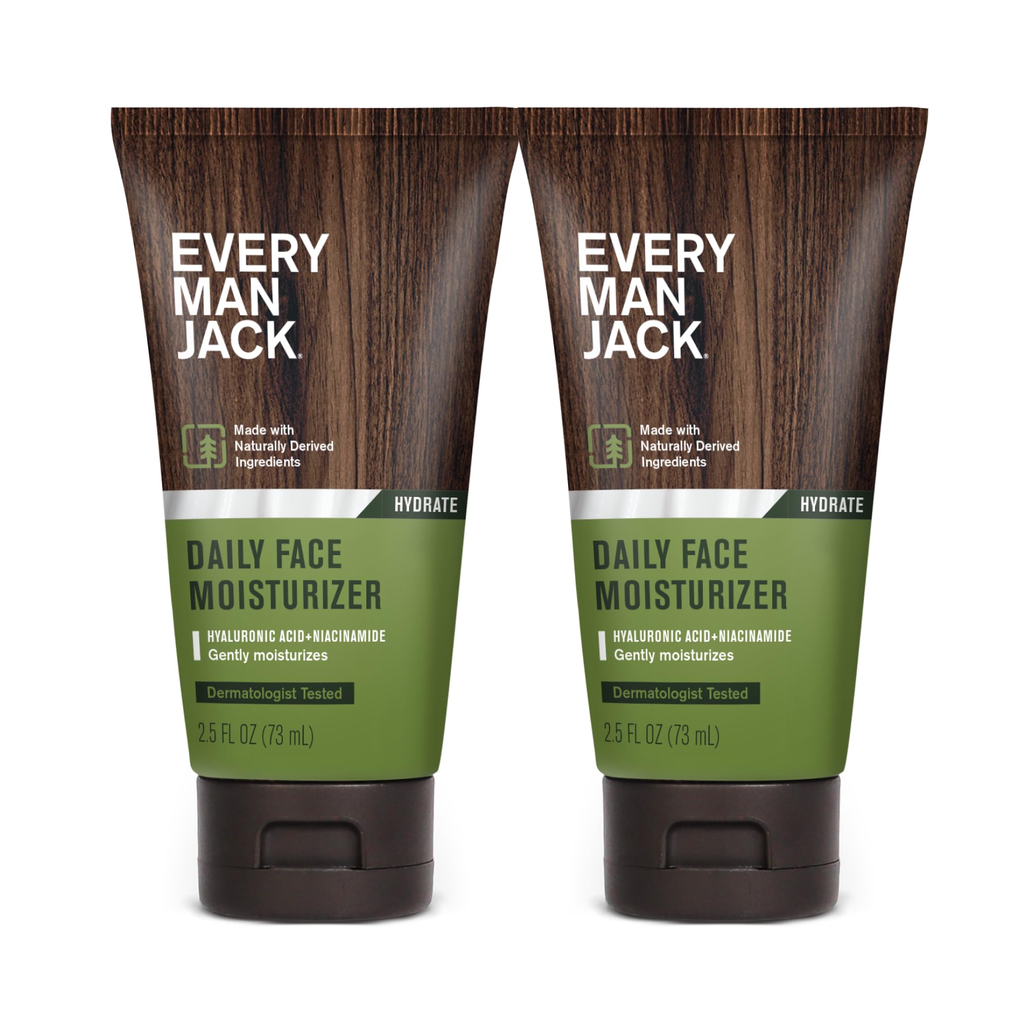 Loción facial diaria de Every Man Jack en envase doble para hombres, hidratación constante.