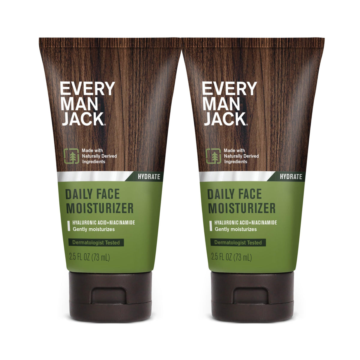 Loción facial diaria de Every Man Jack en envase doble para hombres, hidratación constante.