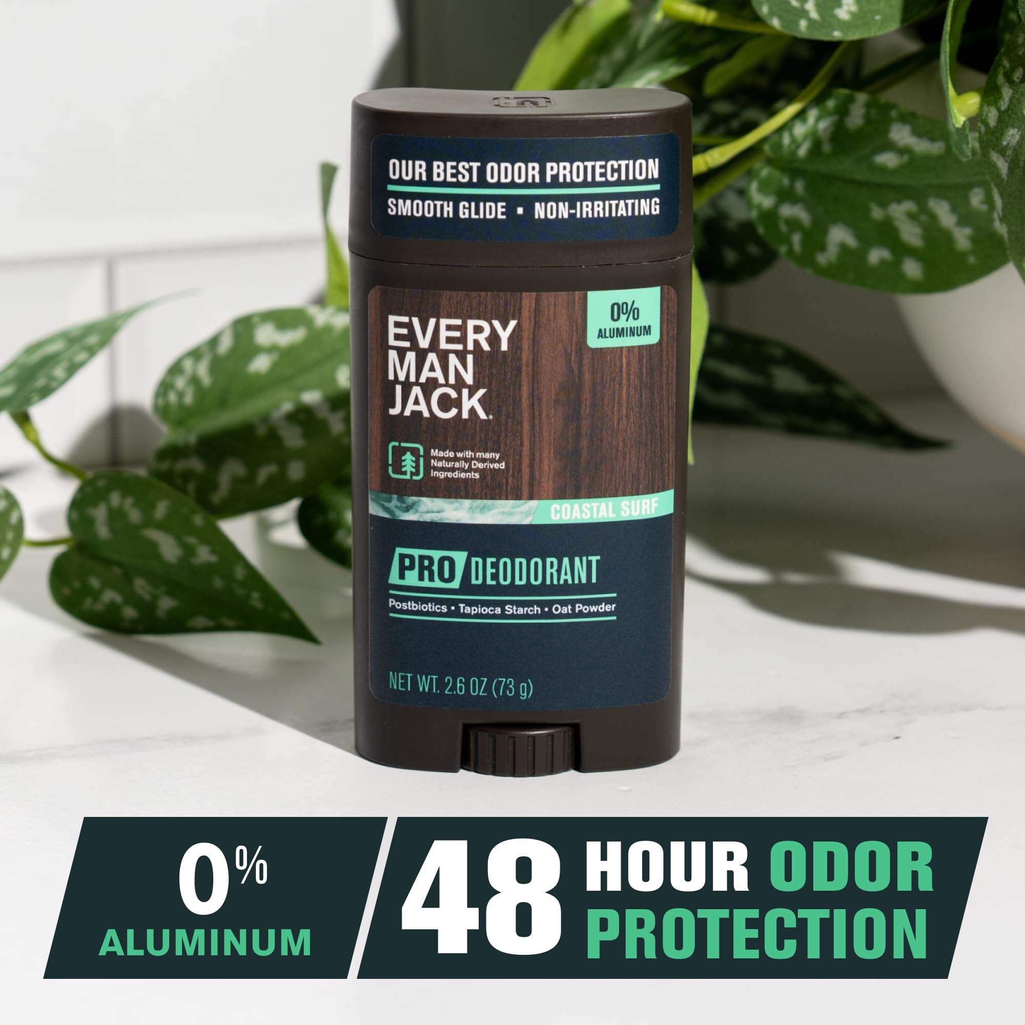 Every Man Jack Pro Deodorant Coastal Surf label highlights aluminum-free formula for clean wear.