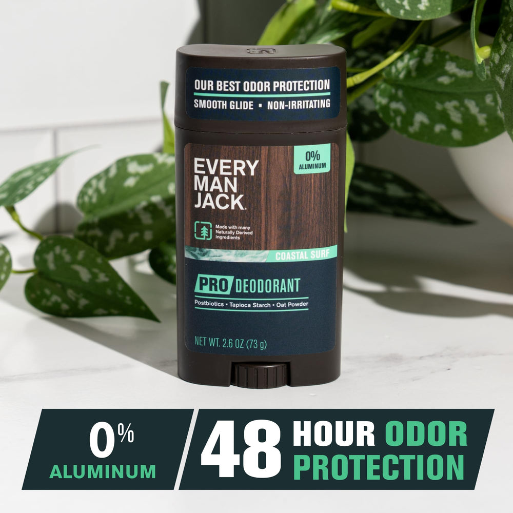 Every Man Jack Pro Deodorant Coastal Surf label highlights aluminum-free formula for clean wear.