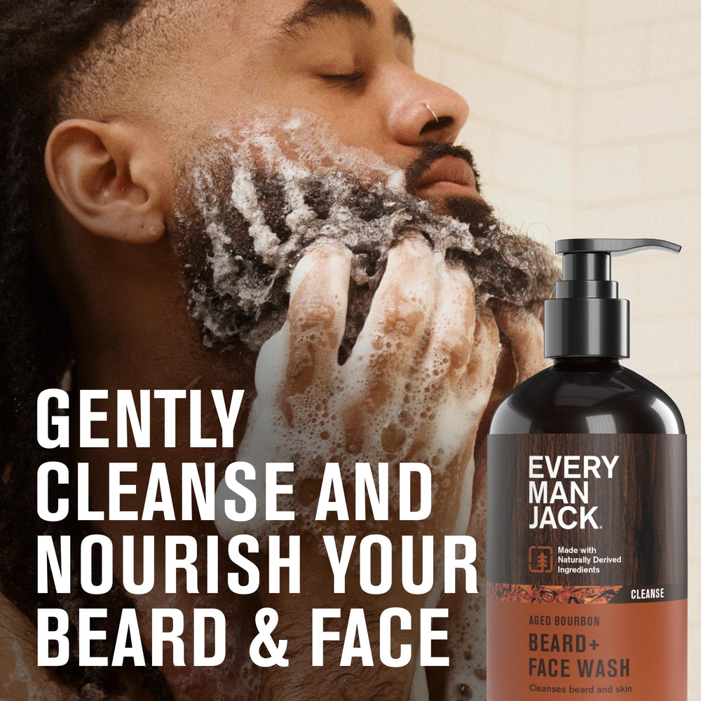 Every Man Jack sandalwood aged bourbon bundle back view, complete grooming kit.