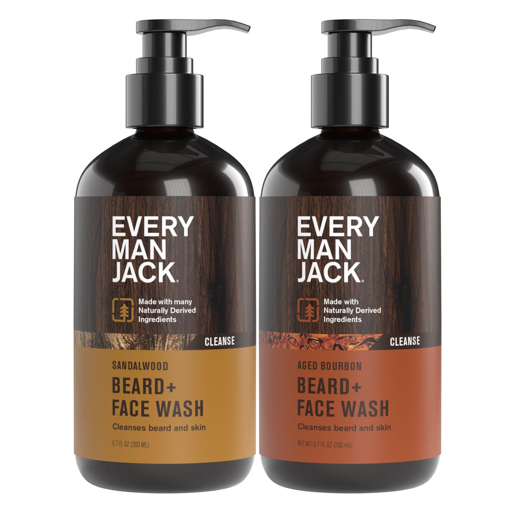 Every Man Jack sandalwood aged bourbon bundle front view, cleanses beard without overdrying.