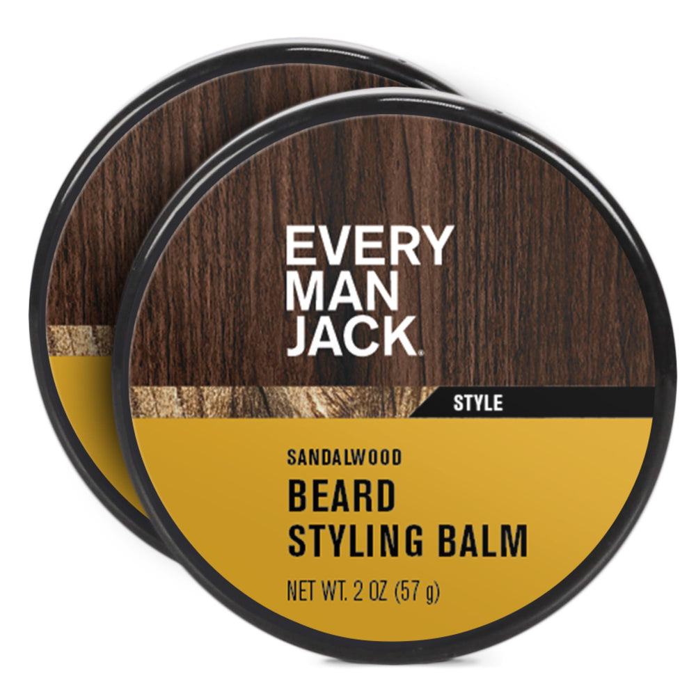 Every Man Jack Sandalwood Beard Balm jar in close-up shows creamy texture for easy application