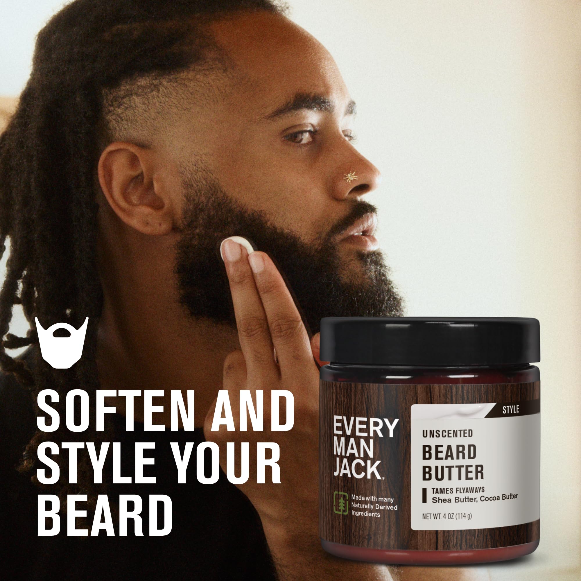 Every Man Jack unscented beard butter packaging box highlights fragrance-free formula for sensitive skin