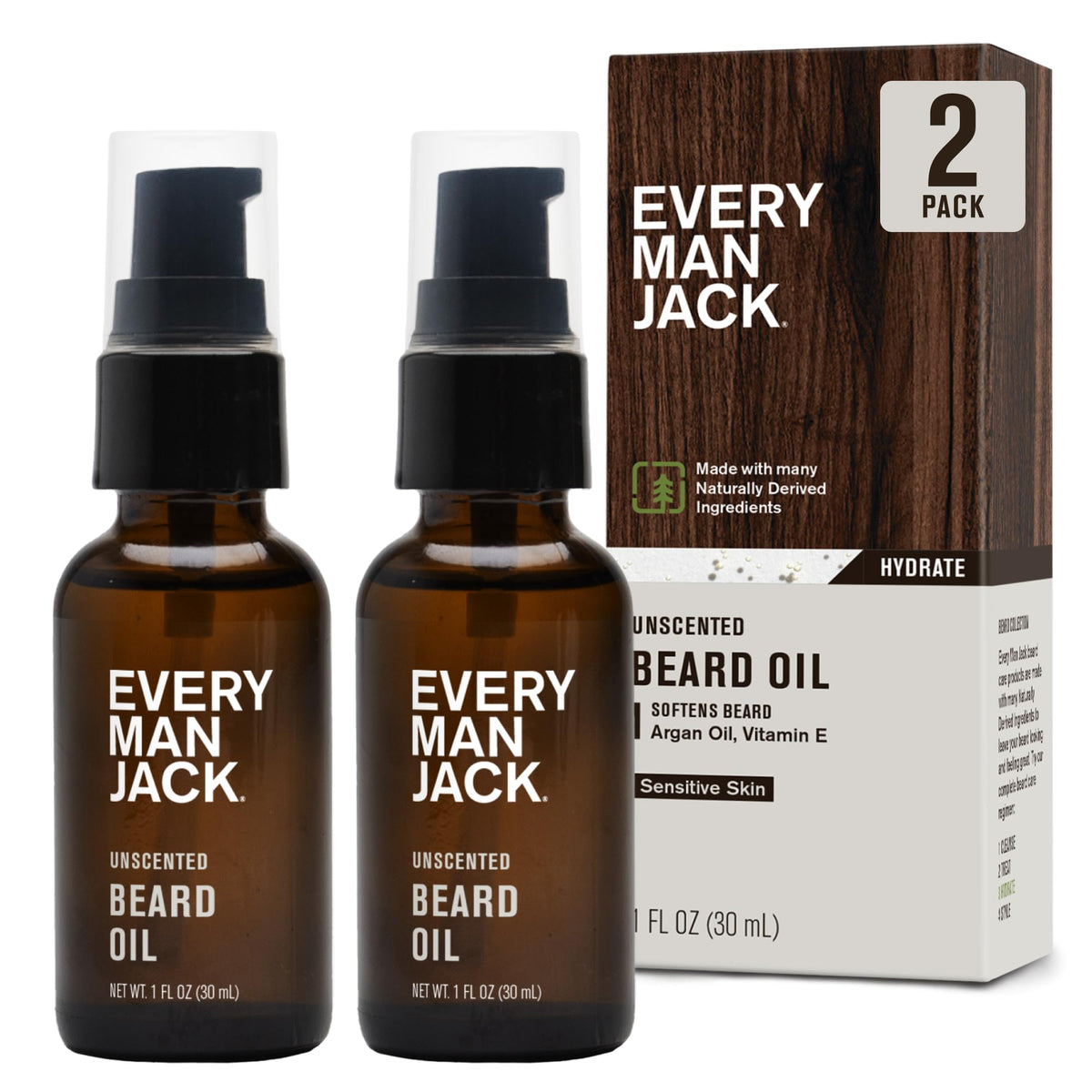 Every Man Jack unscented beard oil bottle offers fragrance-free grooming for sensitive skin.