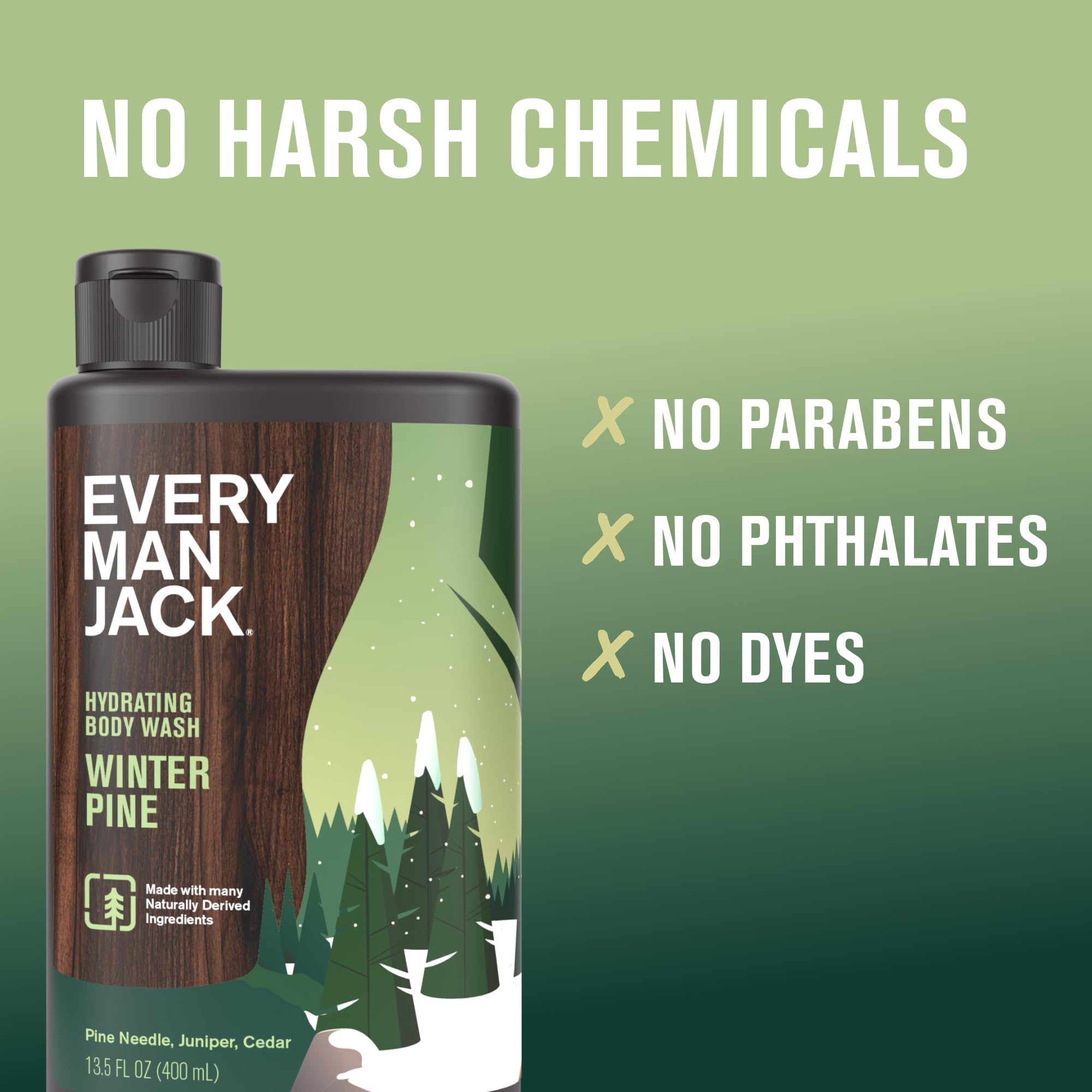 Every Man Jack Winter Pine, ingredientes derivados naturalmente; piel suave tras cada ducha.