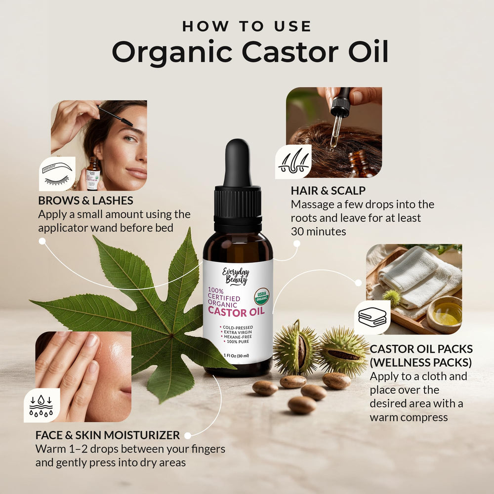 Everyday Beauty Aceite de Ricino Orgánico, gotero para uso preciso en rituales de belleza.