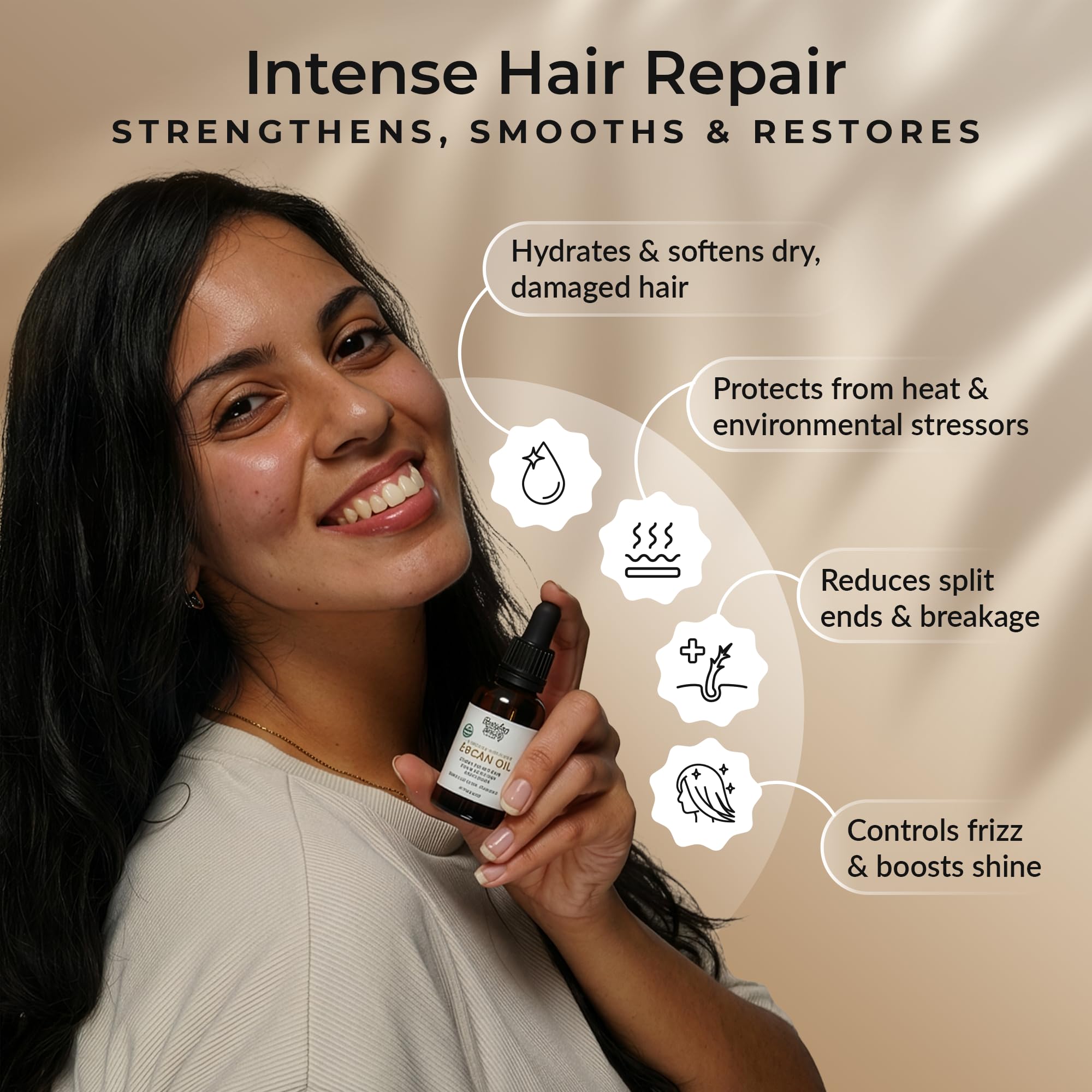 Everyday Beauty Cold-Pressed Argan Oil from nuts supports hair shine and skin hydration.