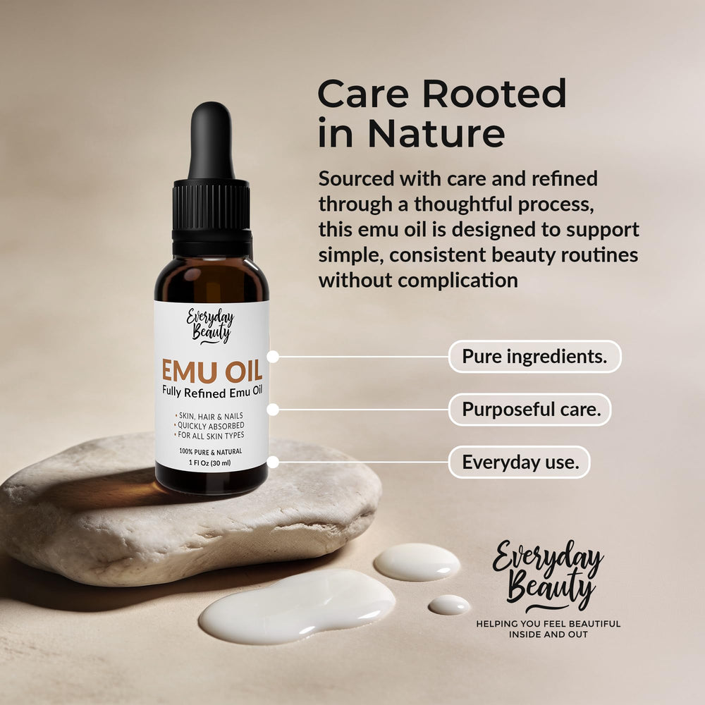 Packaging of Everyday Beauty Emu Oil highlighting natural ingredients