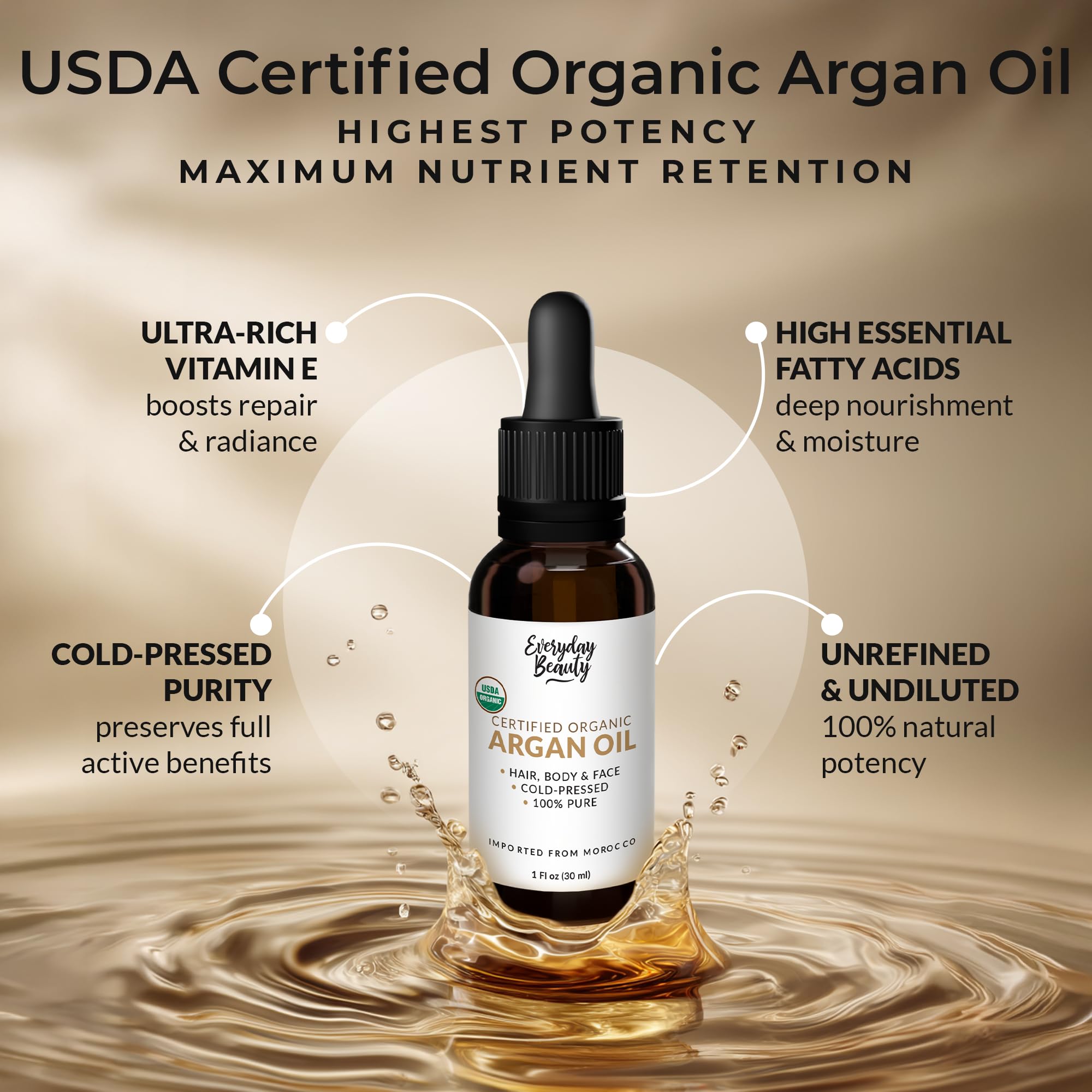 Everyday Beauty Argan Oil on hair for frizz control and softness.