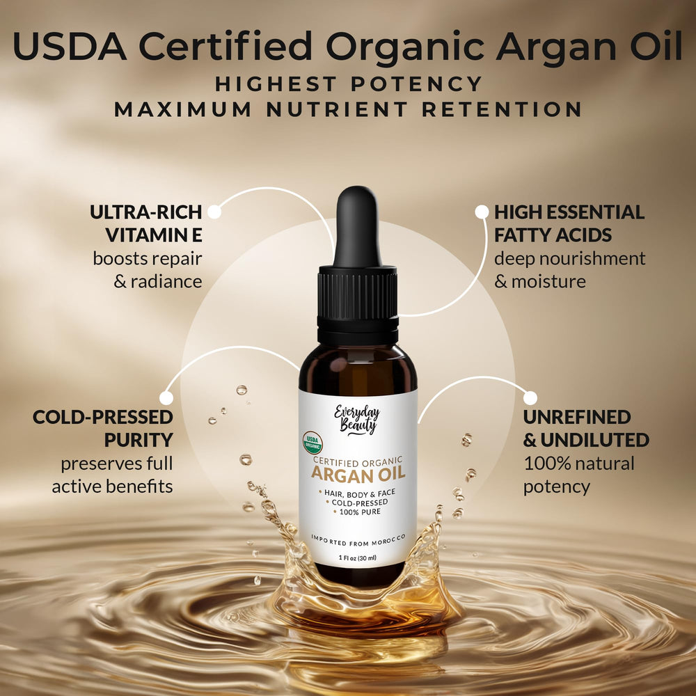 Everyday Beauty Argan Oil on hair for frizz control and softness.