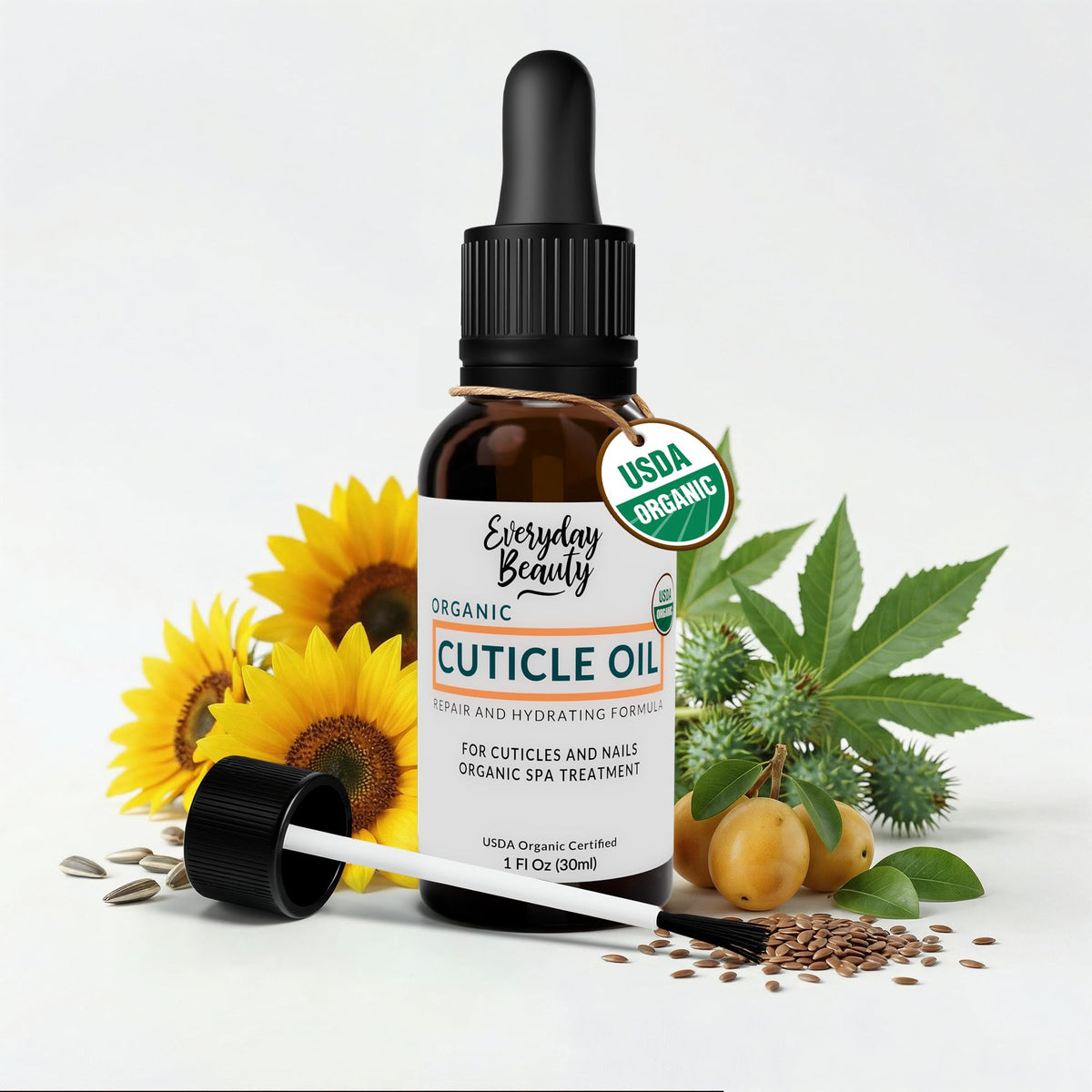 Everyday Beauty Organic Cuticle Oil bottle for hydrated nails and soft cuticles.