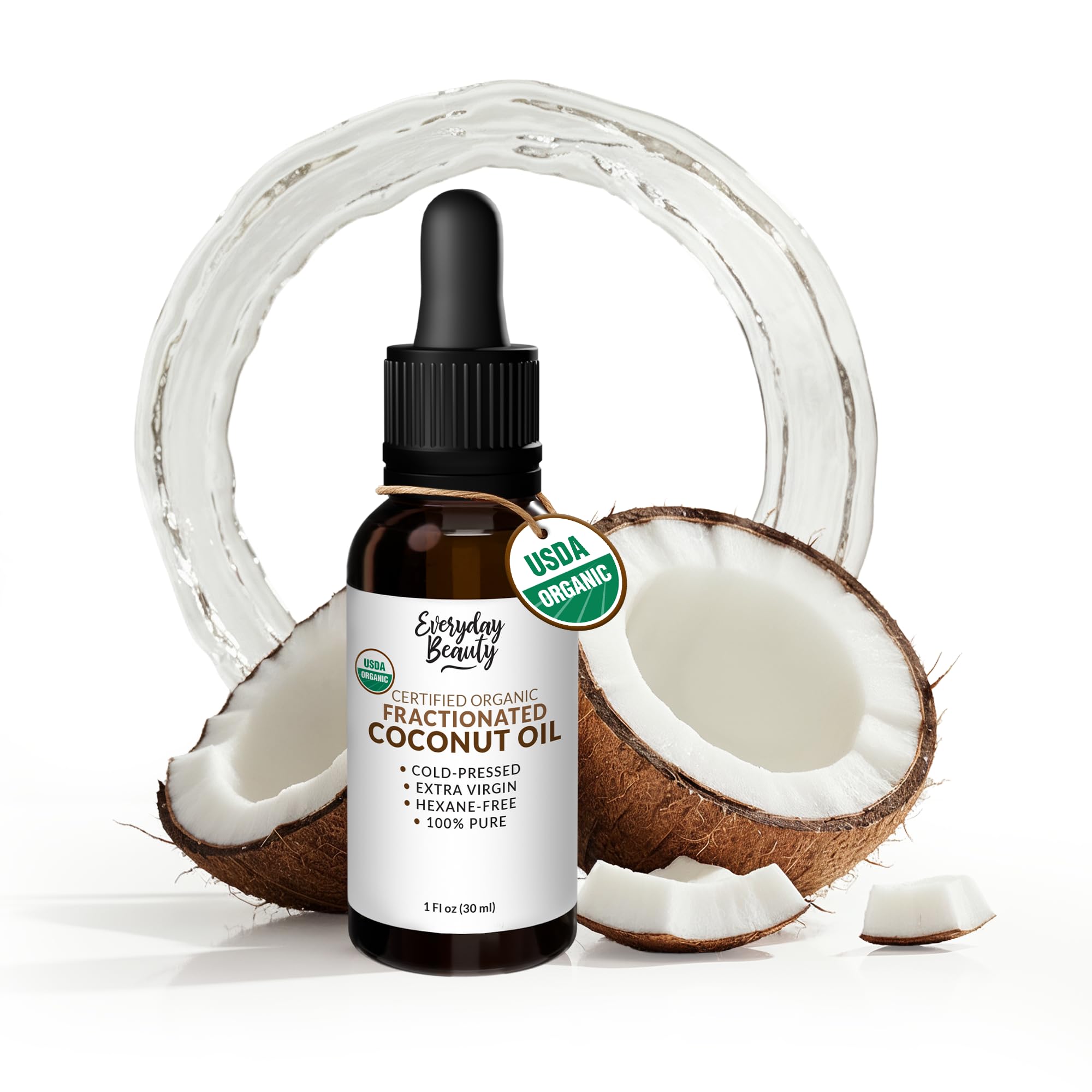 Everyday Beauty Organic Fractionated Coconut Oil bottle in amber glass protects freshness.