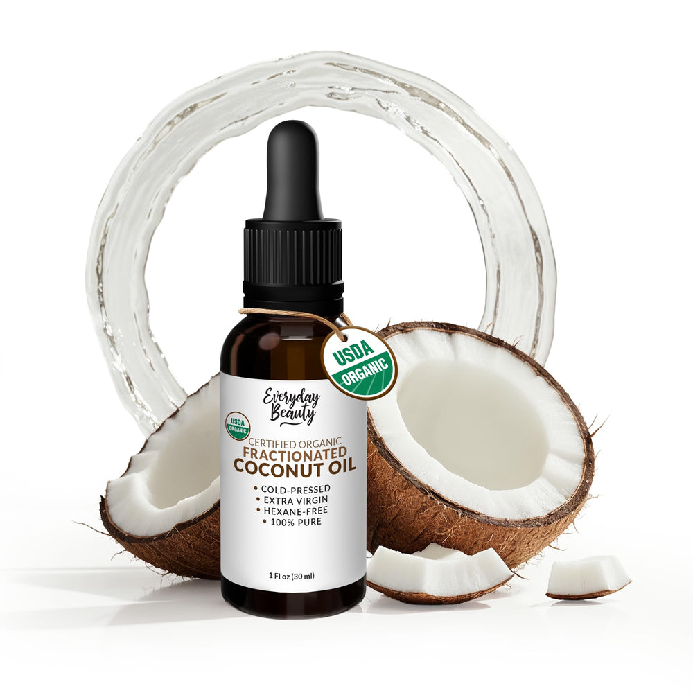 Everyday Beauty Organic Fractionated Coconut Oil bottle in amber glass protects freshness.