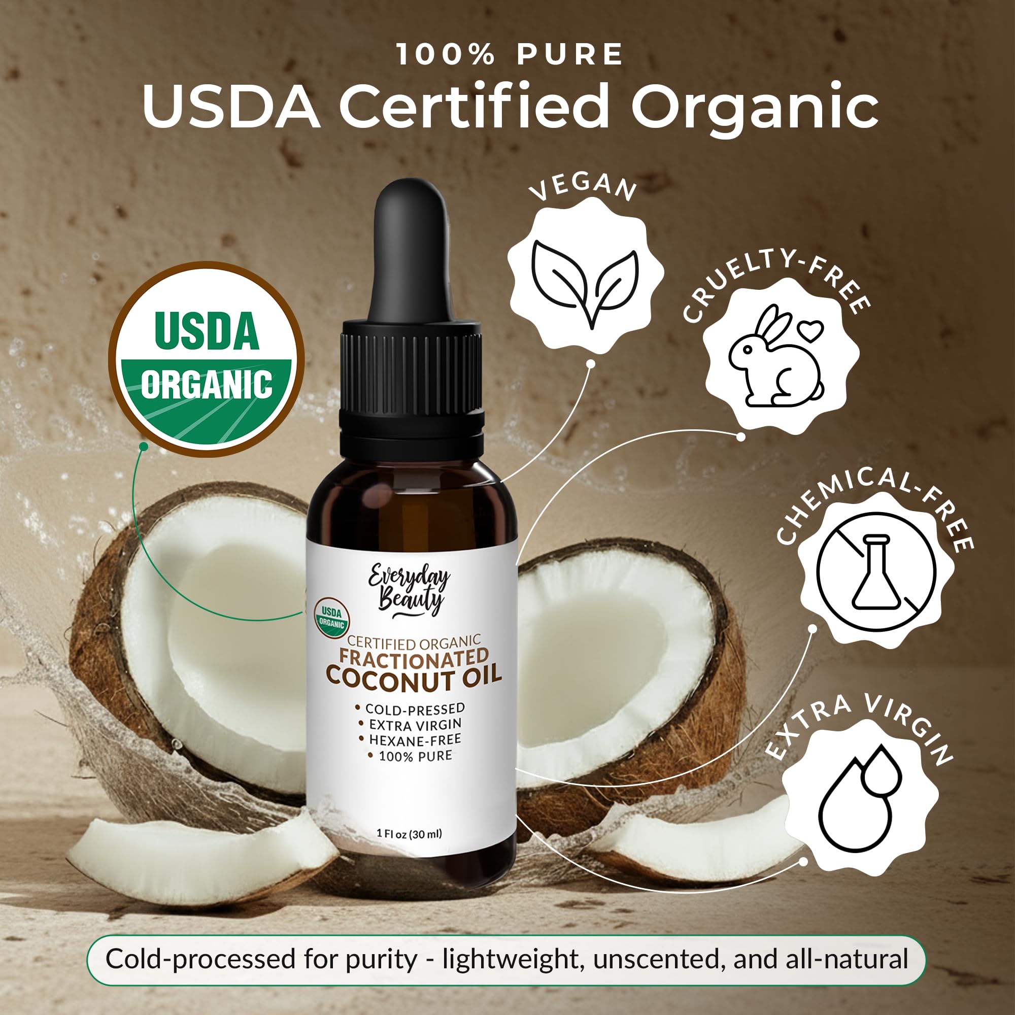 Everyday Beauty coconut oil dropper for precise, mess-free application.