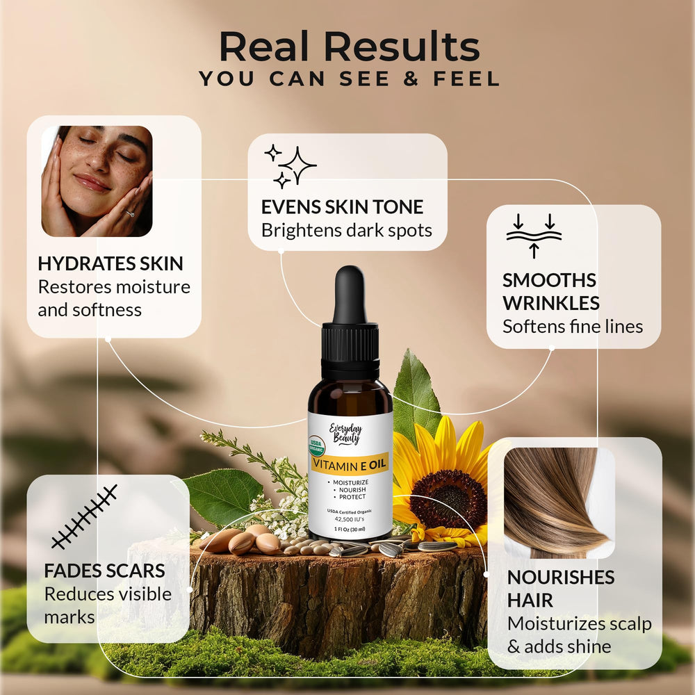 Everyday Beauty Organic Vitamin E Oil on face demonstrates gentle hydration