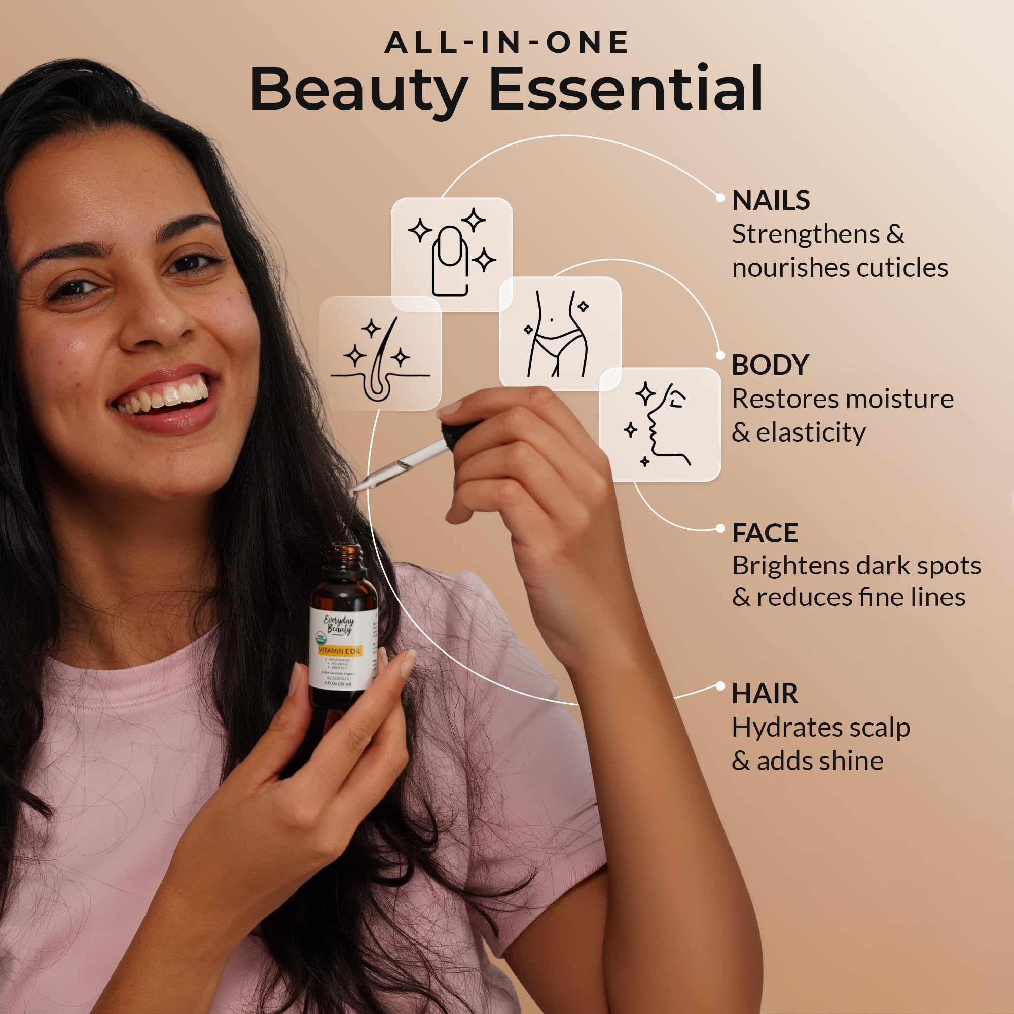 Everyday Beauty Organic Vitamin E Oil for hair care adds shine