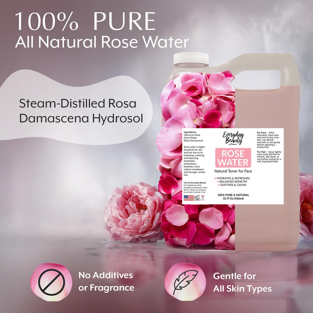 Everyday Beauty Rose Water Toner pour illustrating soothing mist after cleansing.