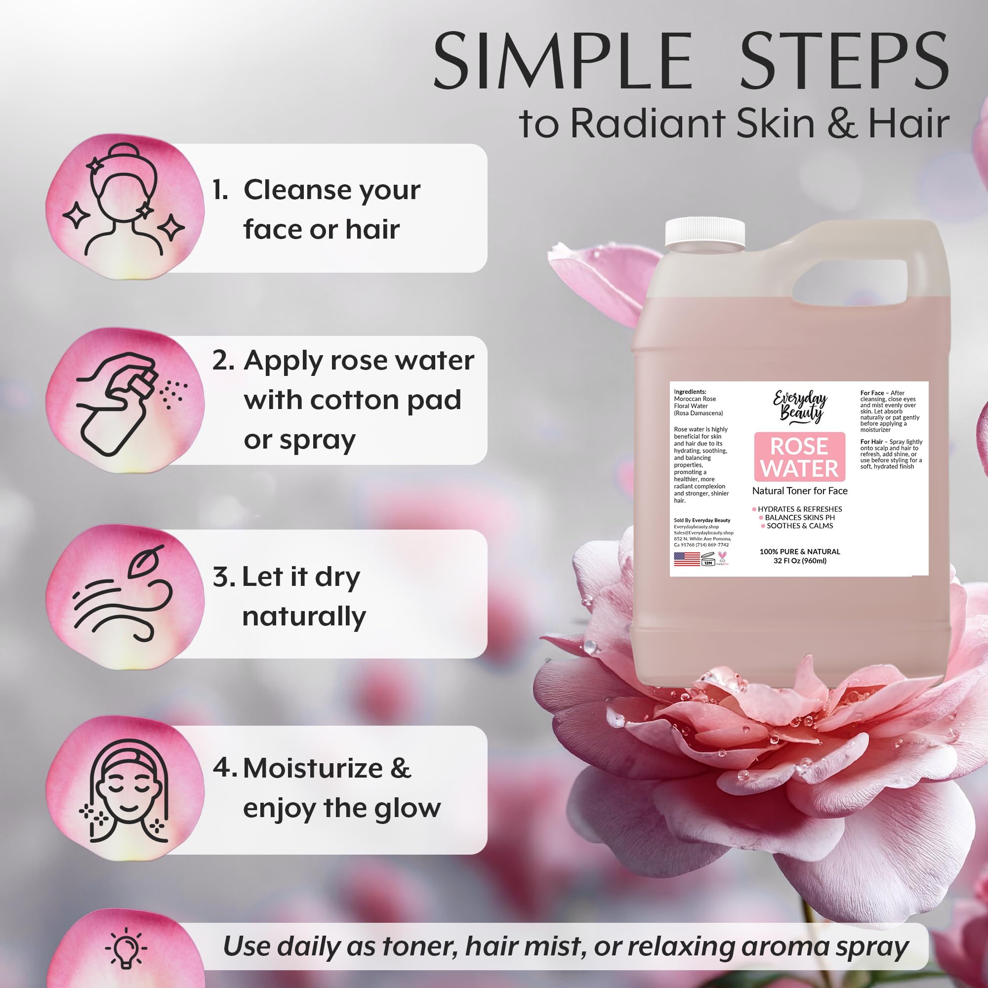Everyday Beauty Rose Water Toner rose-petal close-up suggests calming scent for relaxation.